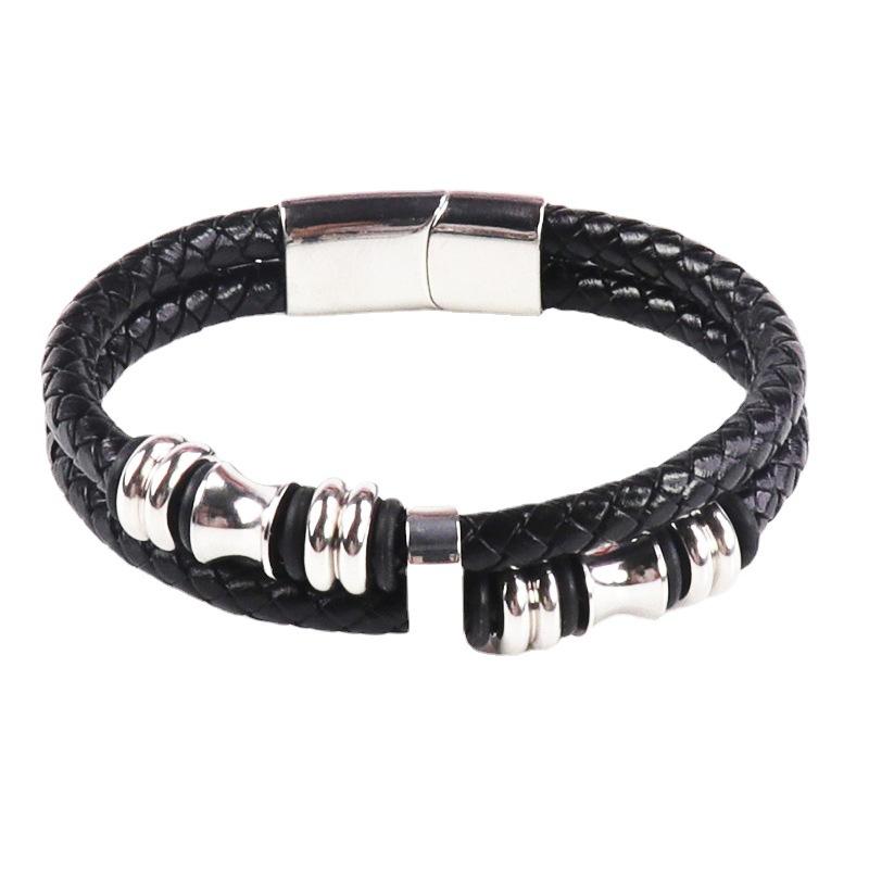 Leather rope bracelet cowhide men's double-layer stainless steel leather woven bracelet handmade multi-layer bracelet