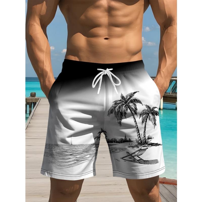

Hawaiian vacation black and white gradient coconut tree print summer men s casual new quick-drying straight shorts S