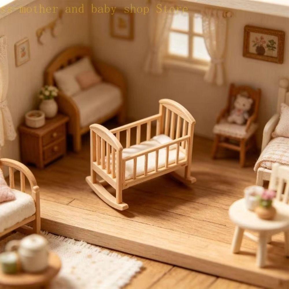 Miniature Dollhouse Cradle 1:12 Mini Baby Crib Creative Rocking Bed Model Nursery Room