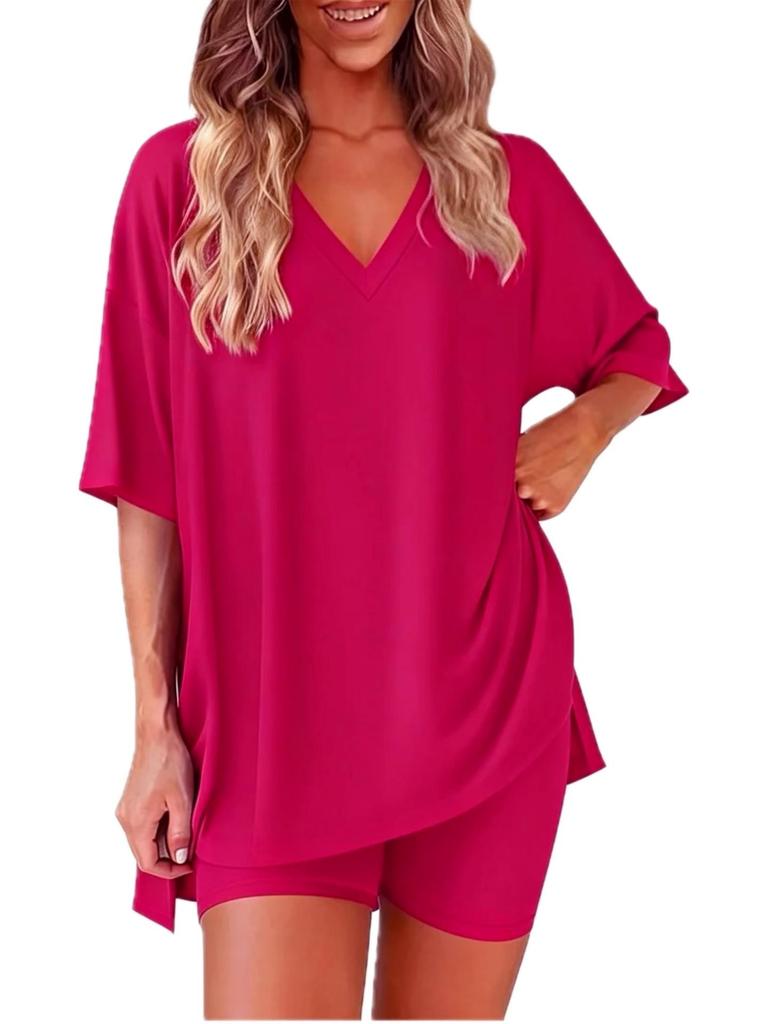 Women's Summer Fashion V-Neck Pajama Set - Casual, Loose, Solid Color