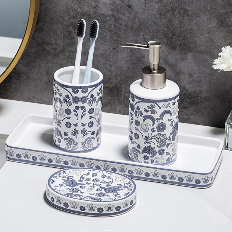 4pcs/set Floral Pattern Hotel Refillable Liquid Soap Container Homestay Underglaze Blue Flower Set Wash Set Accessories