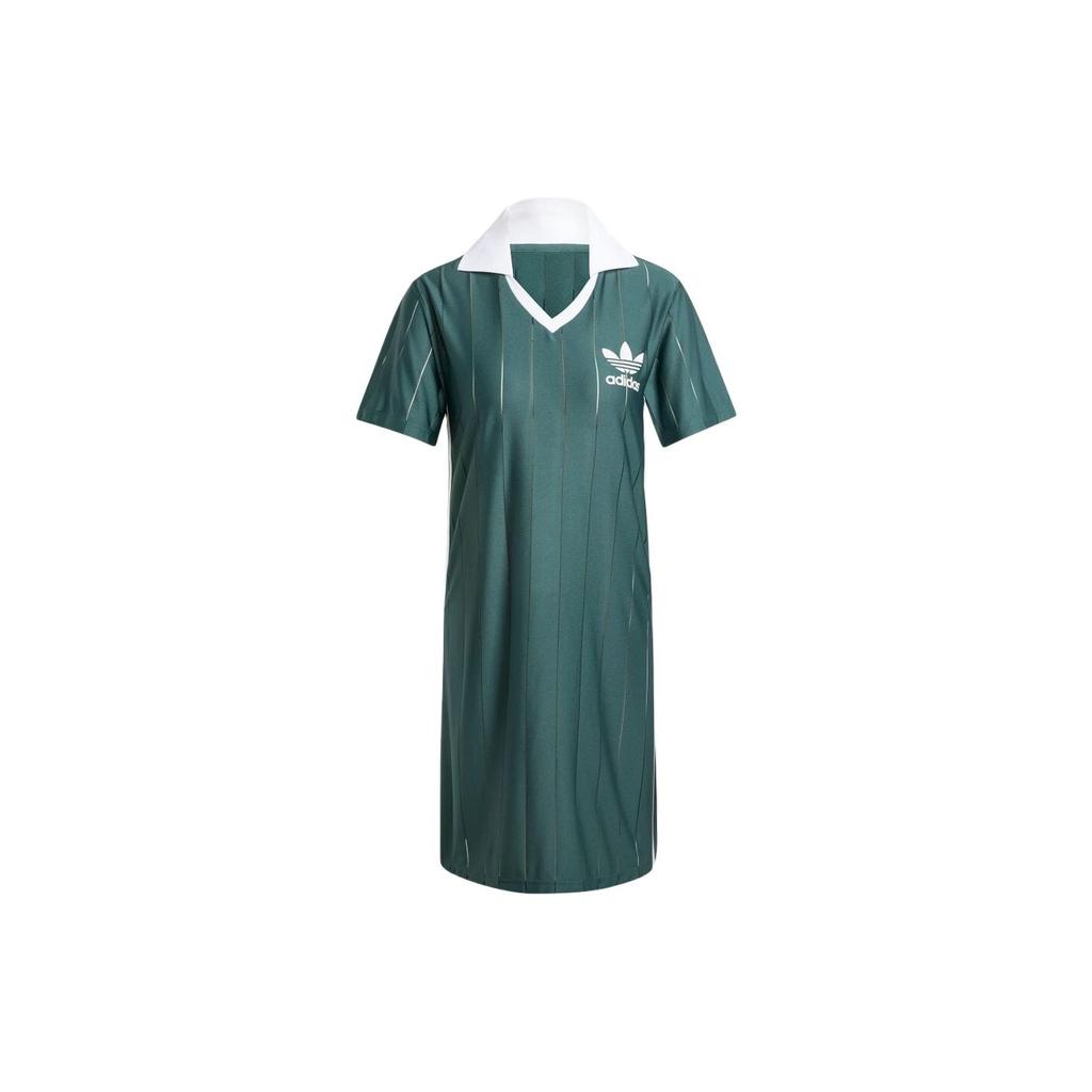 Adidas Originals Adicolor Series Stripe Comfort Soft Breathable Pullover Midi Short Sleeve Dress Women Dress Mineral-Green IX5507