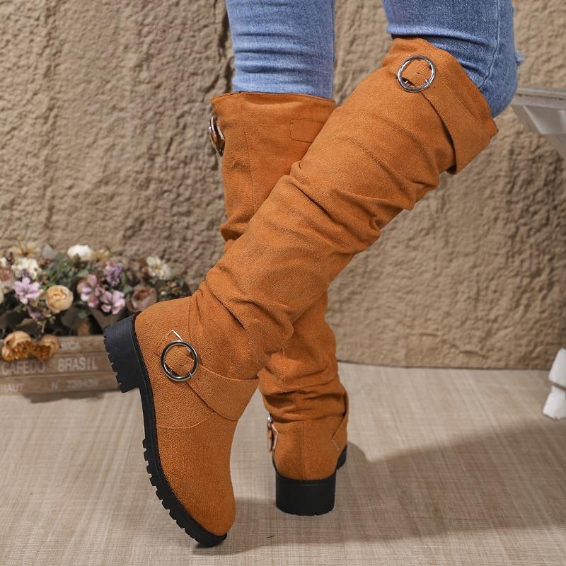 Women Boots 2026 Autumn Sexy Knee High Women Flats Shoes Round Toe Female Long Boots Comfortable Non Slip Outdoor Buckle Botas