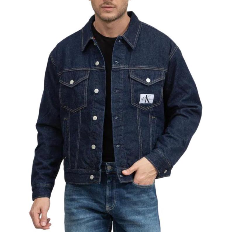 Calvin Klein Solid Single-Breasted Loose Denim Jacket Men Outerwear Blue J30J321269-1AP