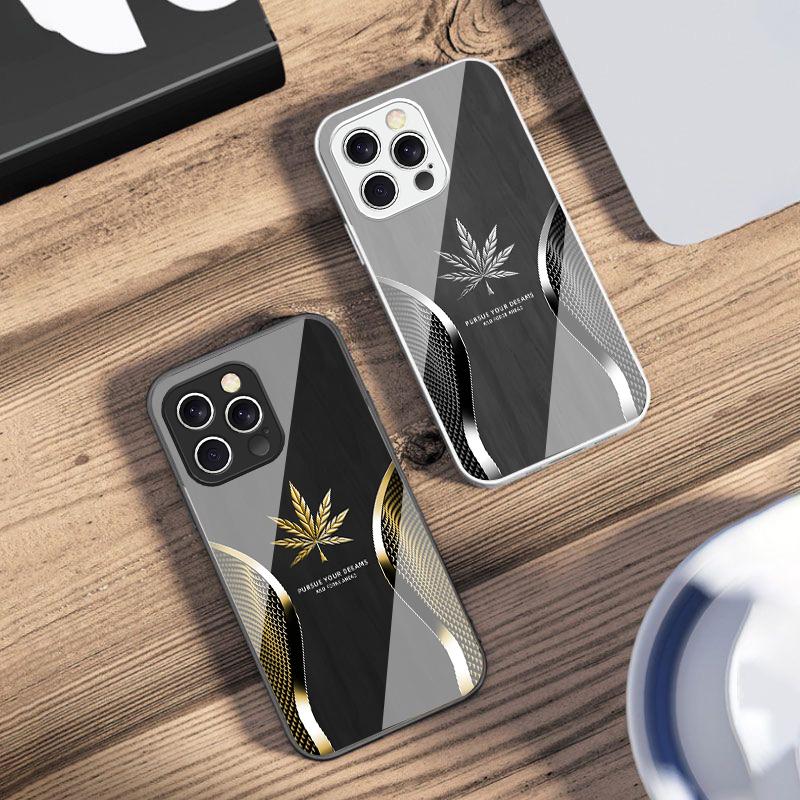 Golden Leaf Wood Grain For IPhone 16 Pro Max 15 Pro 14 13 12 Mini 11 XS M Ax XR 7 8 Plu SE 2022 Tempered Glass Phone Case