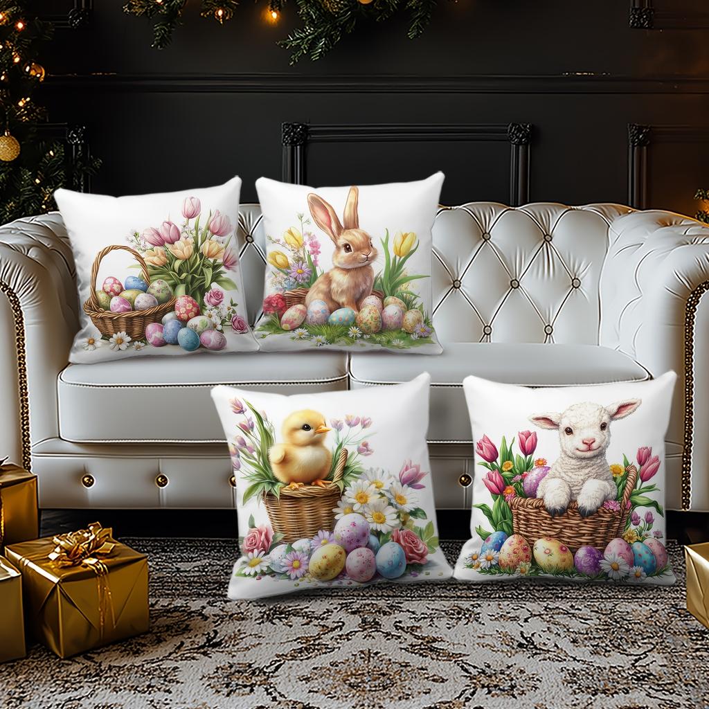 4pcs Easter Flower Pillow Cover Set, Holiday Decoration Sofa Cushion Cover, Sofa Home Decoration, Room Decoration, Office Decoration