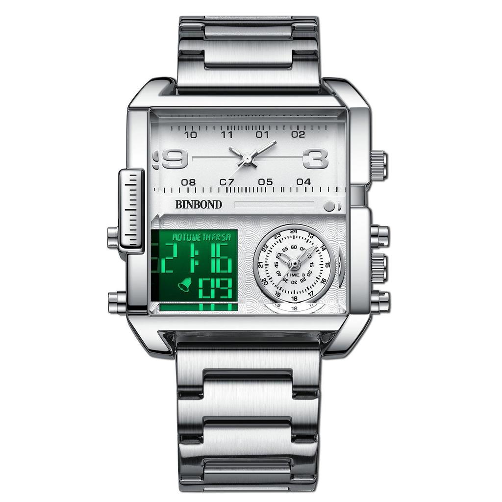 Binbang Fashion Men's Domineering Quartz Watch with Large Square Dial and Triple Display