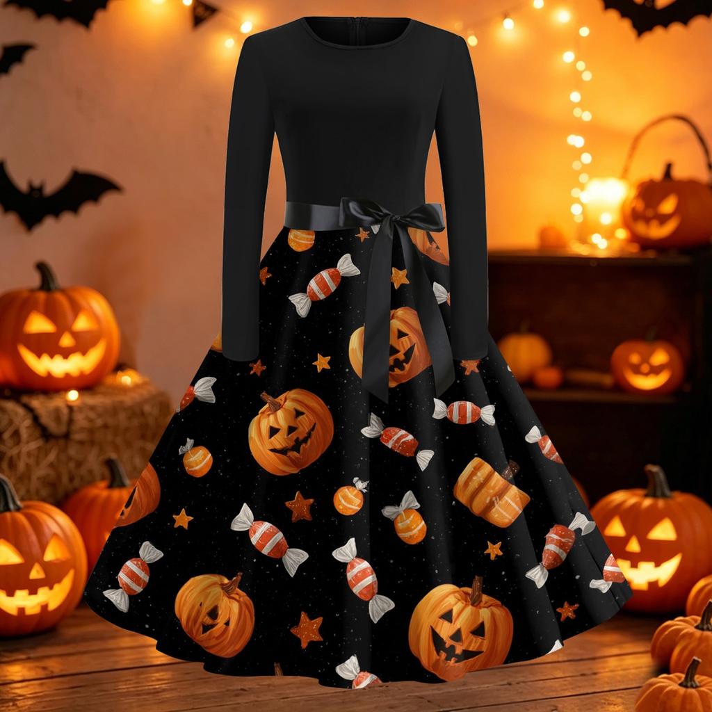 Women's Casual Long Sleeve Fit and Flare Dress Round Neck Halloween Print Full Skirt Midi Dress with Waist Tie for Everyday Wear