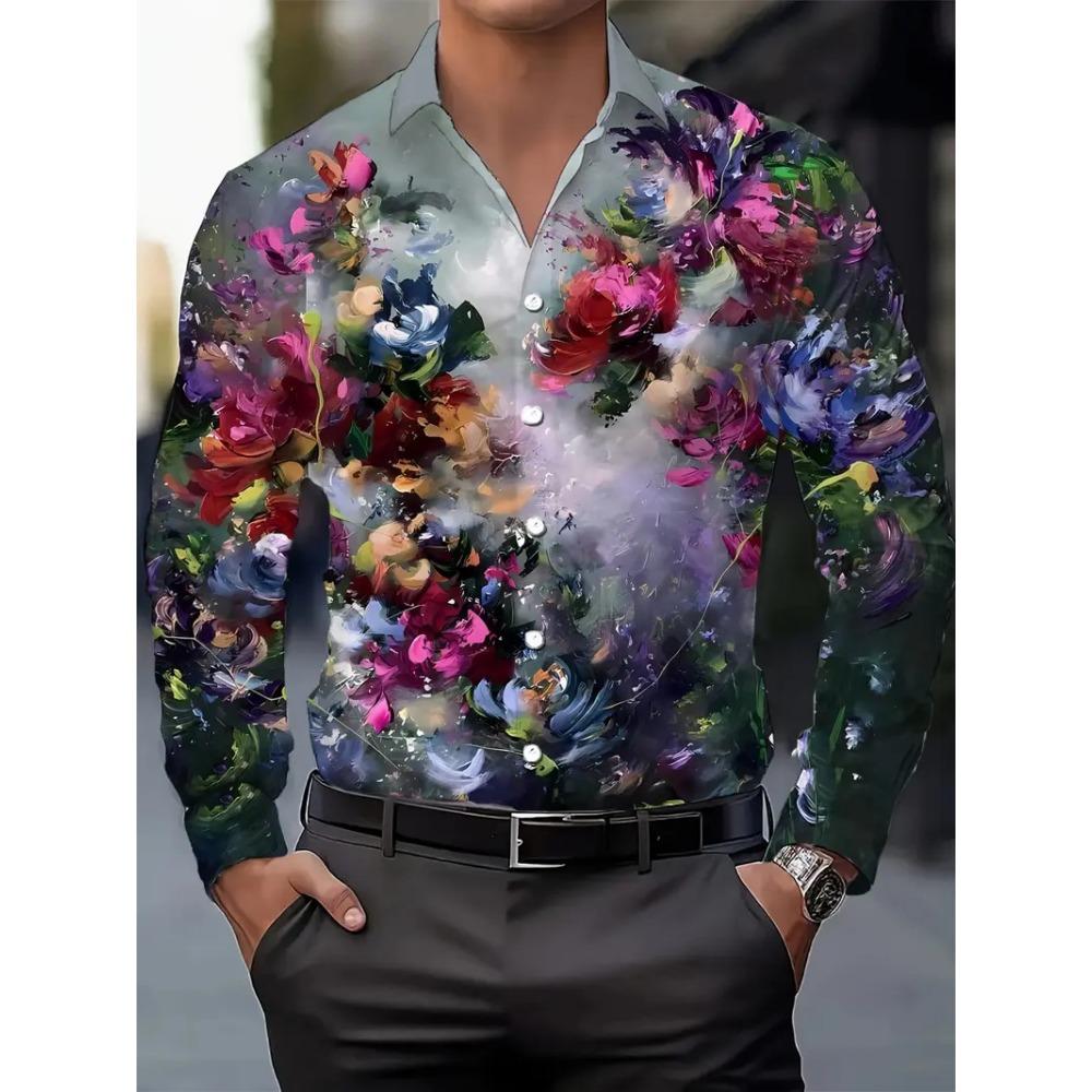 Men's Long Sleeve Shirt Floral Elegant Painted Flower Printed Shirt Men's Fashion Casual Lapel Button Shirt Beach Shirt