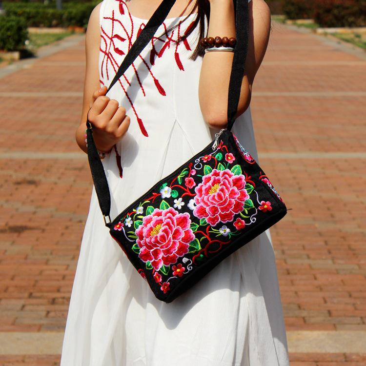 Yunnan Ethnic Embroidered One-Shoulder Crossbody Bag with Three Zippers - Large Size for Ladies