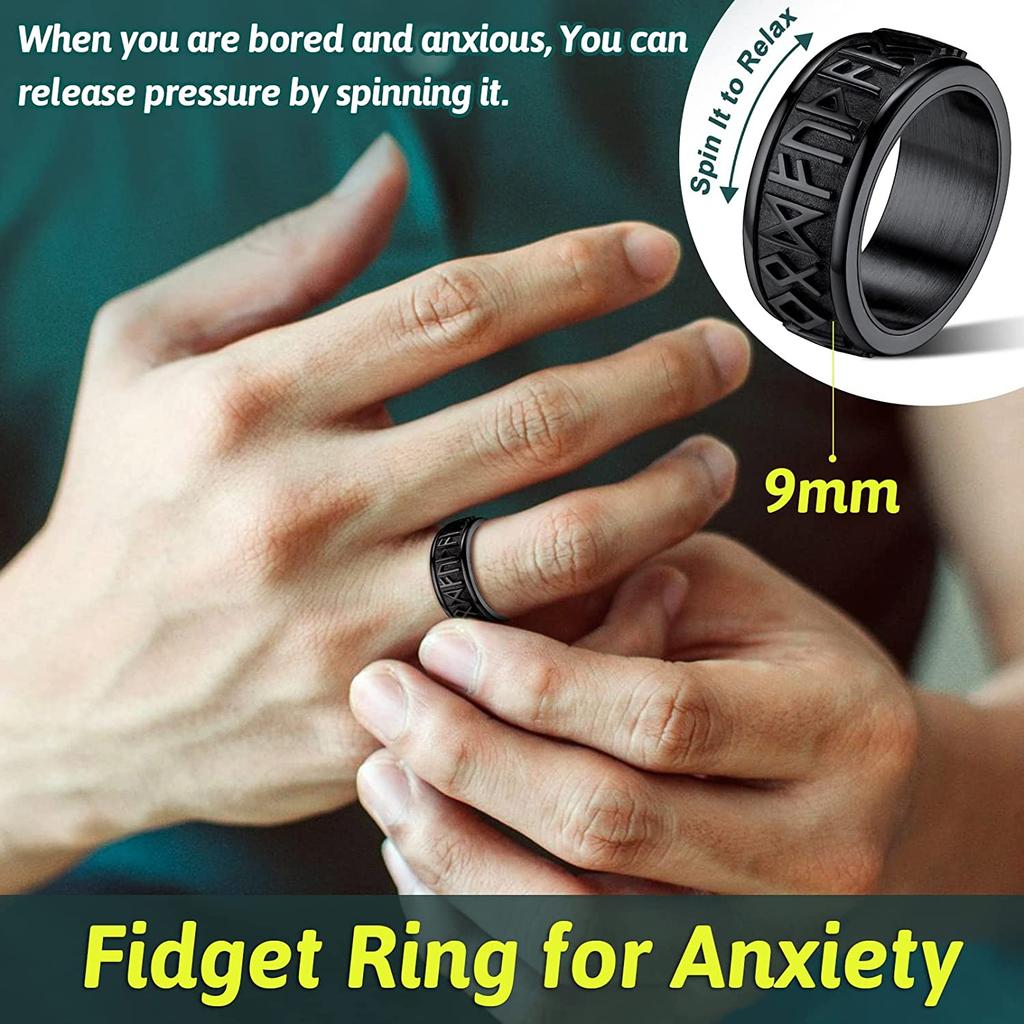 U7 Stainless Steel Norse Runes Spinner Ring for Man Black Gold Color Rotatable Band Fidget Anxiety Release Unisex Jewelry