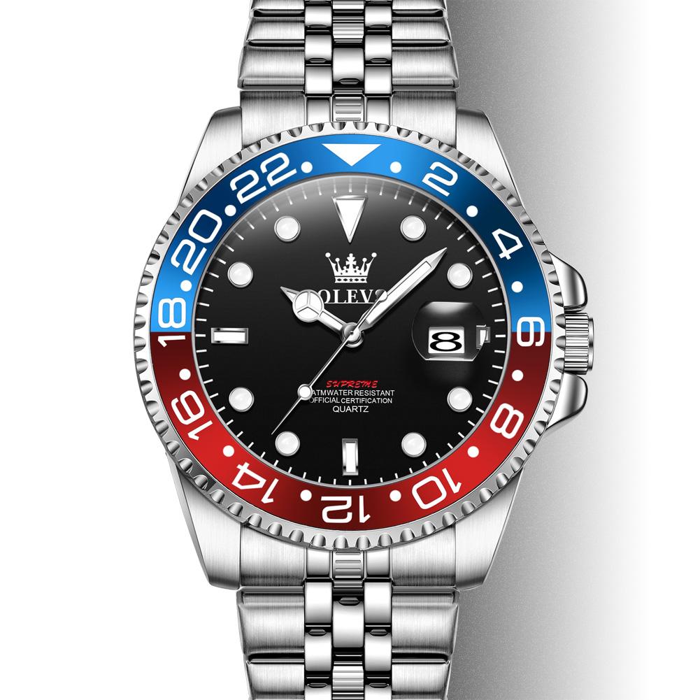 OLEVS Brand Red And Blue Bezel Man Watches Luxury Sporty Wristwatches for Men Quartz Stainless Steel Band Clock Luminous Hands