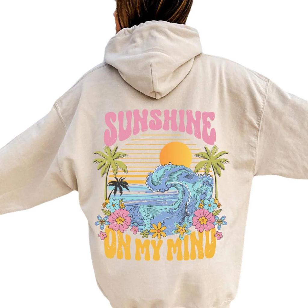 2025 Popular Fashion Hooded Sweater Ins Women's Shoulder Sleeves Fashion Sunshine Wave Sweater Print