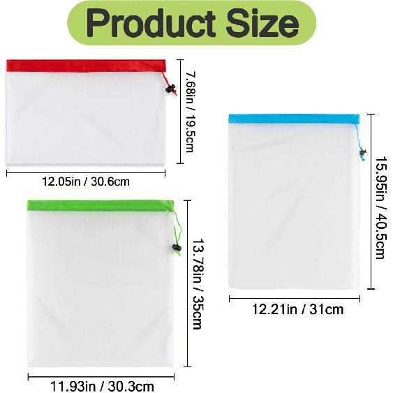 MAQIHAN 12PCS Reble Produce Bags - Mesh Produce Bags Drawstring Reble Washable Vegetable Storage Bags Refrigerator Keep Fresh Grocery Food Fruits