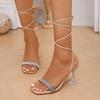Mode Sommer Schwarze Schnür-Damen-Sandalen Kunstleder High Heels Schuhe Sexy Party Stilettos Kristall-Dekor Große Größe 43 Sandalen