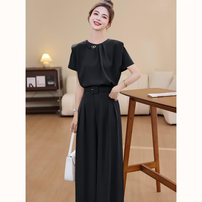 D.F.DEAR Elegant Round Neck Short Sleeve Wide-Leg Pants Set
