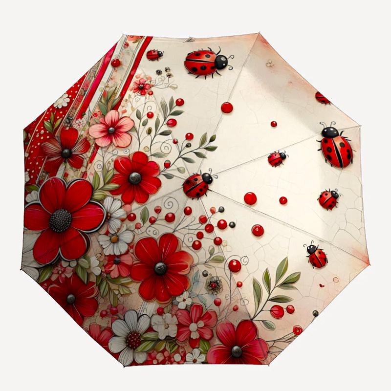 1pz Ombrello Automatico Apri/Chiudi con Coccinelle e Fiori, Struttura Robusta a 8 Stecche, Pieghevole/Apertura Automatica, Ombrello da Viaggio Portatile per Donne c25