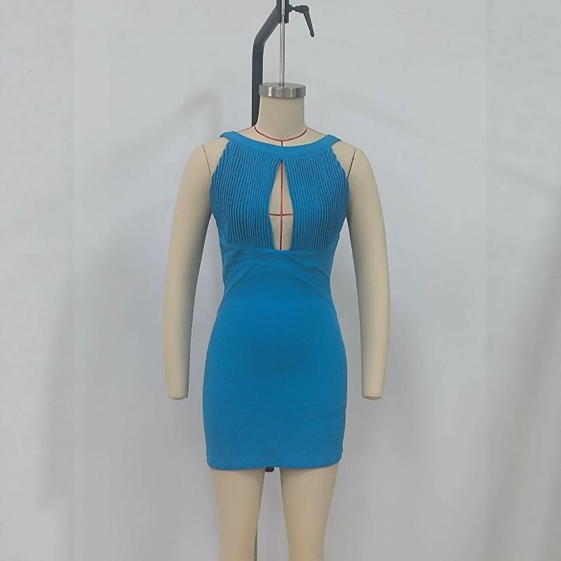 Real shot Sexy Spice Girl style neck sleeveless hollowed-out backless pit strip slim mini hip wrap dress
