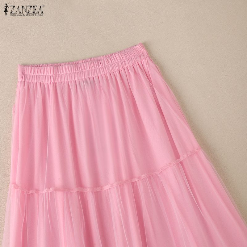 ZANZEA Gonna da Donna Casual a Vita Elastica Larga con Inserti in Rete e Tulle