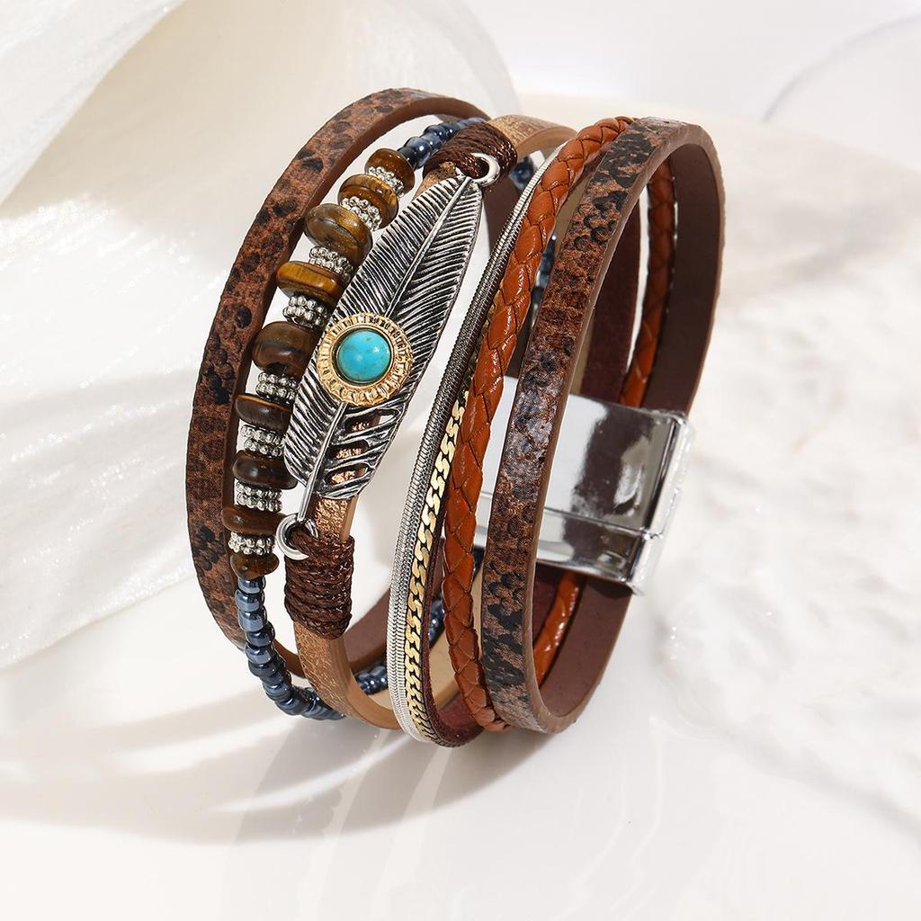 Bohemian Style Crushed Stone Feather Leather Bracelet with Vintage Turquoise and Magnetic Clasp