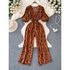Sexy V-neck Batwing Sleeve Waist-Tight Slim Looking Leopard Print Print Jumpsuit Fashion Elegant Wide Leg Pants Jumpsuit for Women