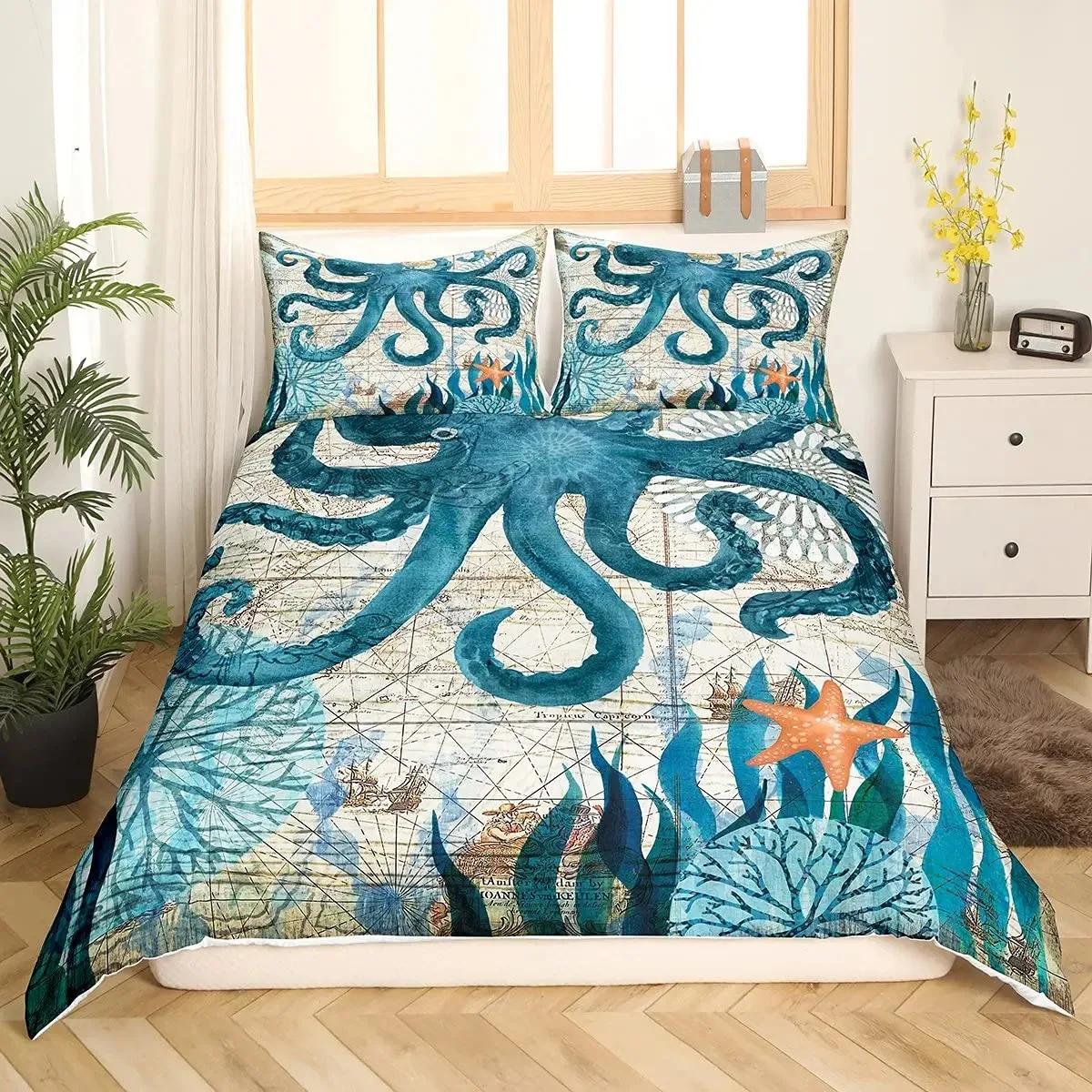 

Octopus Duvet Cover Set Octopus Tentacles Bedding Set Nautical Ocean Blue Bed Linen Sea Marine Themed Comforter Cover Full Size 70x133cm