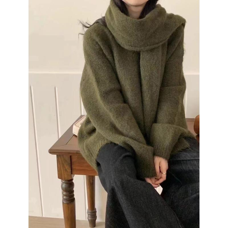 

Ленивый пуловер с шарфом, женский осенне-зимний свободный мягкий восковой модный универсальный вязаный свитер для женщин One size армия зеленый