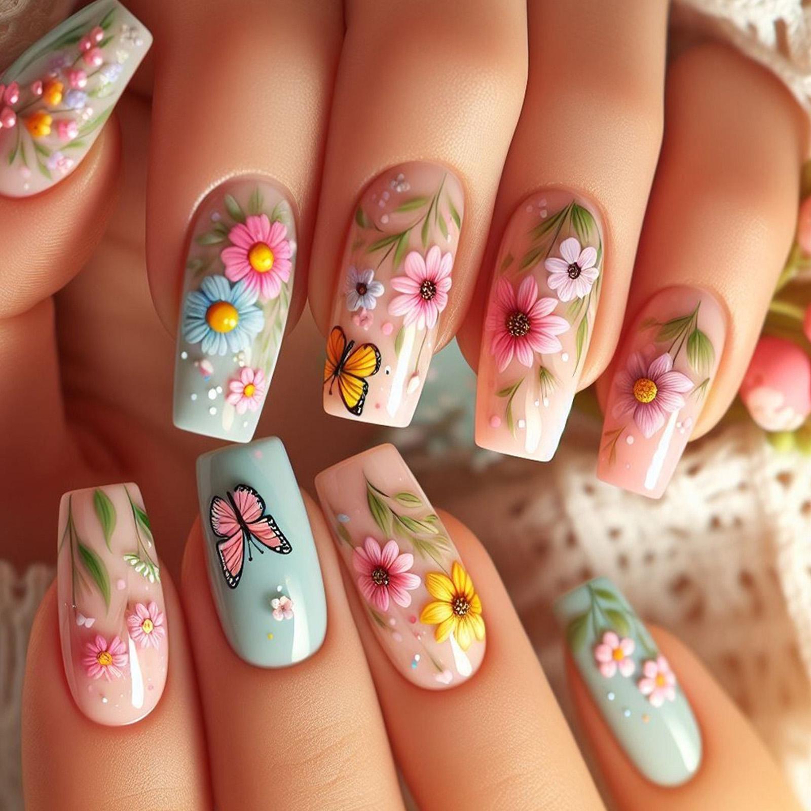 

Квадратные накладные ногти с цветами, наклейки для ногтей 12 размеров, 24 шт., французские типсы для DIY украшений для нейл-арта