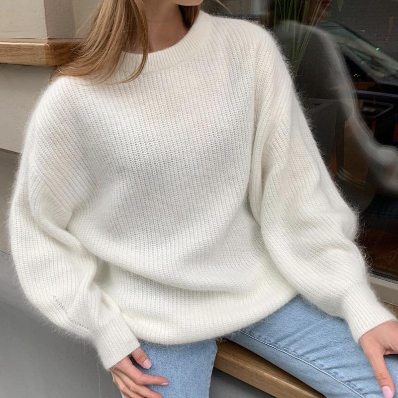 Loose Round Neck Solid Color Sweater Thick Warm Comfortable Women's Long Sleeved Pullover Simple Casual Base Shirt Harajuku Style Autumn and Winter
