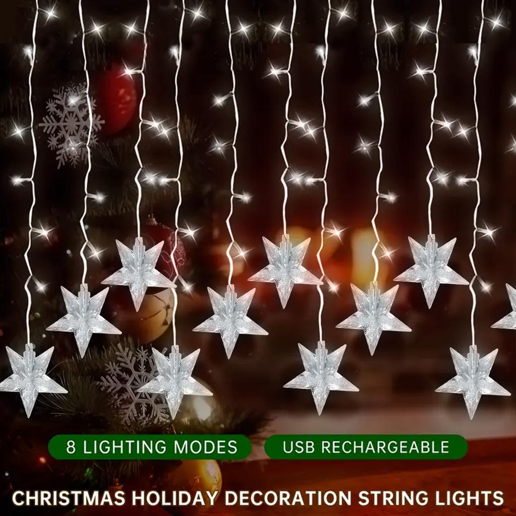 1pc 96LED Star Curtain Light with 8 Lighting Modes USB Powered Indoor Hanging Lamp Perfect For Christmas Wedding Home Decoration