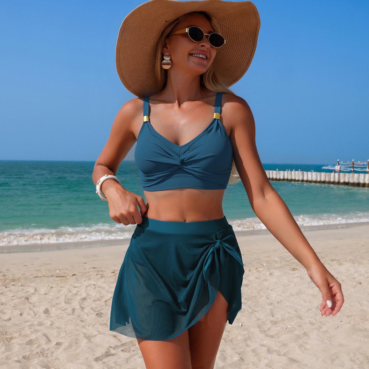 

Western-Style Women s Two-Piece Swimsuit — Solid Color, High-Waisted, Sexy Bikini Set 0795 2XL синій