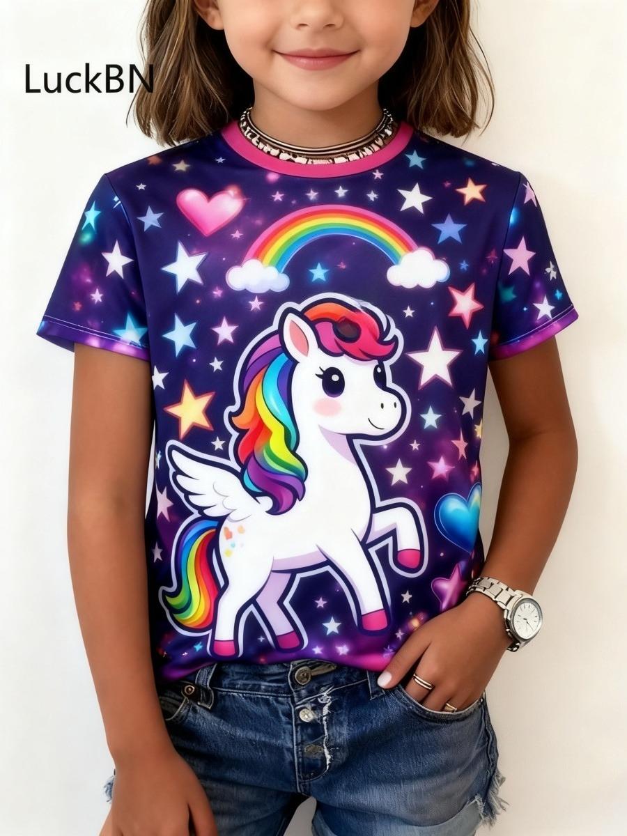 

Детские футболки с 3D-принтом лошади для девочек, радужные модные мягкие удобные футболки, детские топы 170 темно-синий