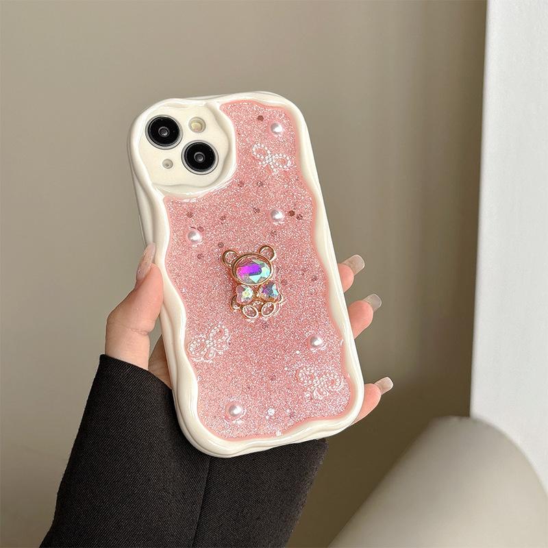 For Apple 17 Pro Diamond Bear Phone Case Light Luxury for IPhone 15 Plus Small Fragrant Style Ins Tie Sparkling Pink