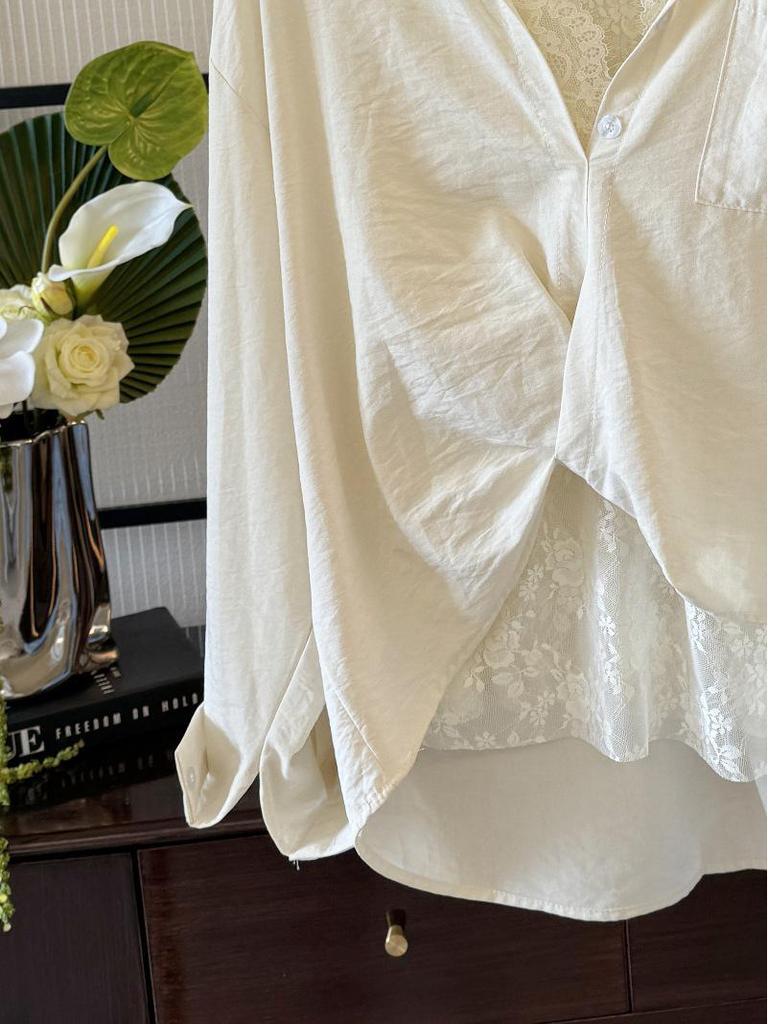 French-Style Two-Piece Set: Turn-Down Collar Long Sleeve Shirt + Lace Vest for Women.