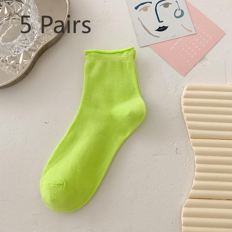 5 Pairs of Cute Candy Colored Rolled Up Mid Top Socks for Women In Summer