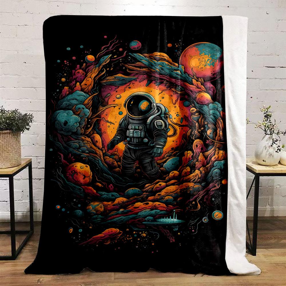 Vibrant space scene with an astronaut surrounded by swirling cosmic forms. for all seasons blanket lunch break throw gift