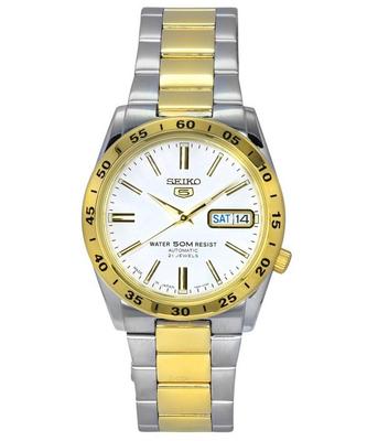 5 zweifarbige Unisex-Armbanduhr aus Edelstahl mit weißem Zifferblatt und 21 Juwelen SNKE04J1
