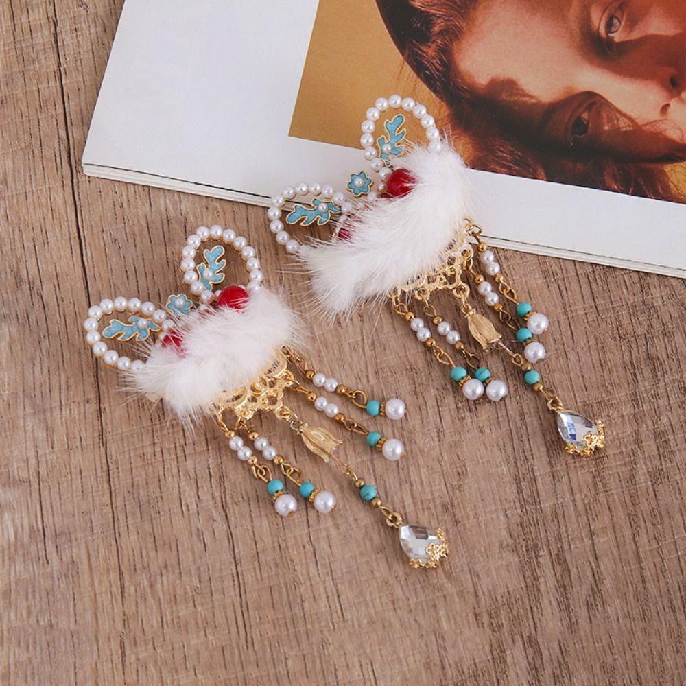 Cloth Red Velvet Bow Hairpin Pearl Tassel Hanfu Hair Clip Sweet Lion Dance Hairpin Girls
