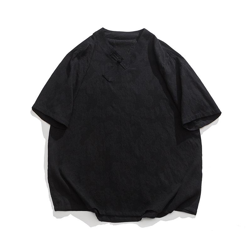 

2026 Men s Summer Cotton Linen Short Sleeve T-Shirt with Frog Button – Plus Size Chinese Style Hanfu M чёрный