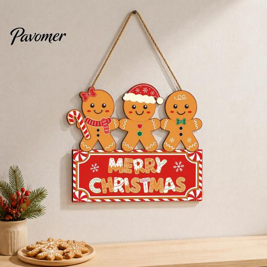 Decorative Window Display Sign Christmas Gingerbread Man Wooden Hanging for Front Door, Merry Xmas Home Entrance Plaque with Lanyard, Holiday