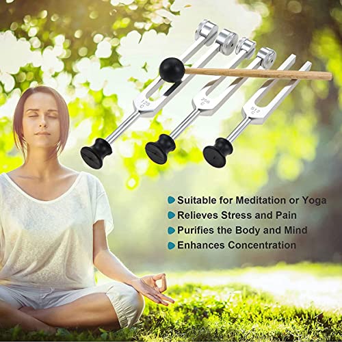 Ahvqevn 4-Pack Tuning Fork Set (128Hz, 256Hz, 512Hz) with Tuning Fork Hammer and Base for Sound Vibration Tools, Silver