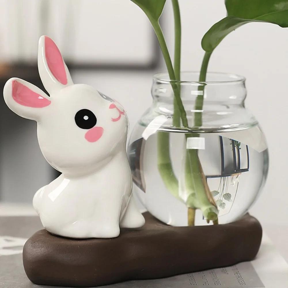 Cute Rabbit Hydroponic Plant Vases Transparent Glass Vase Tabletop Decoration Aquatic Flower Bottle with Wooden Base