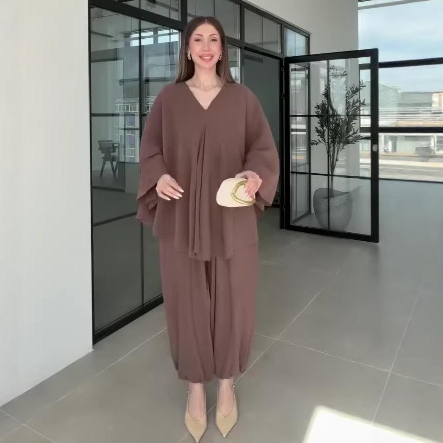 Nuovo Abbigliamento da Donna Europeo e Americano per Primavera e Autunno Transfrontaliero Scollo a V Manica Lunga Ampio Taglia Grande Top Pantaloni a Gamba Larga Set Due Pezzi