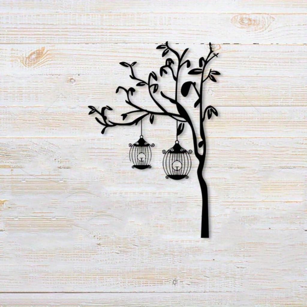 Metal Wall Art Sticker Bird Cage Modern Black Weatherproof Home Decor