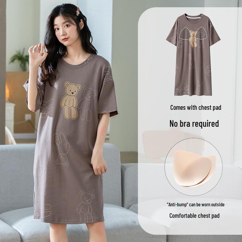 Women's Cartoon Cotton Nightgown with Bra Pads - Short Sleeve, 2024 Summer Style Pajamas