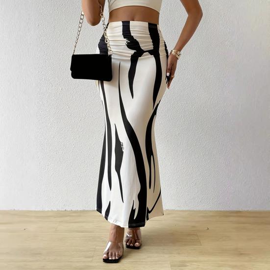 Women Fishtail Skirt Zebra Pattern Hip-Covering Maxi Skirt High Waist Office Lady Long Skirt