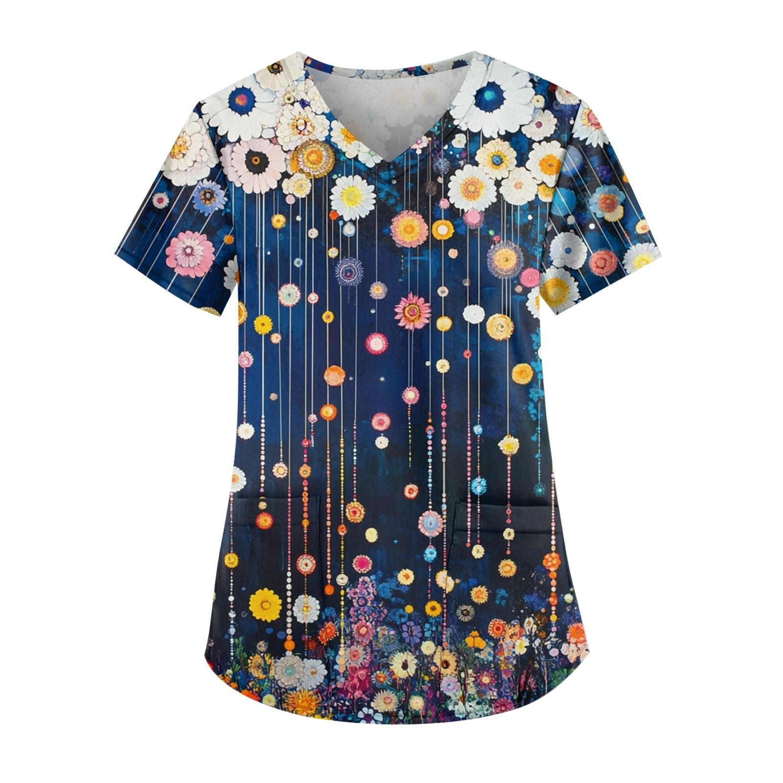 

Women s V-neck Fashion Casual Printed Tops And Protective Workwear L темно-синий