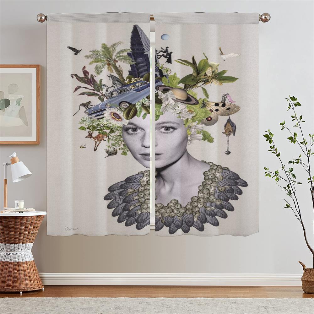Modern Home Decoration Woman Portrait Short Window Curtains for Doors Children's Room Curtains for Living Room 2 Elegant Pieces