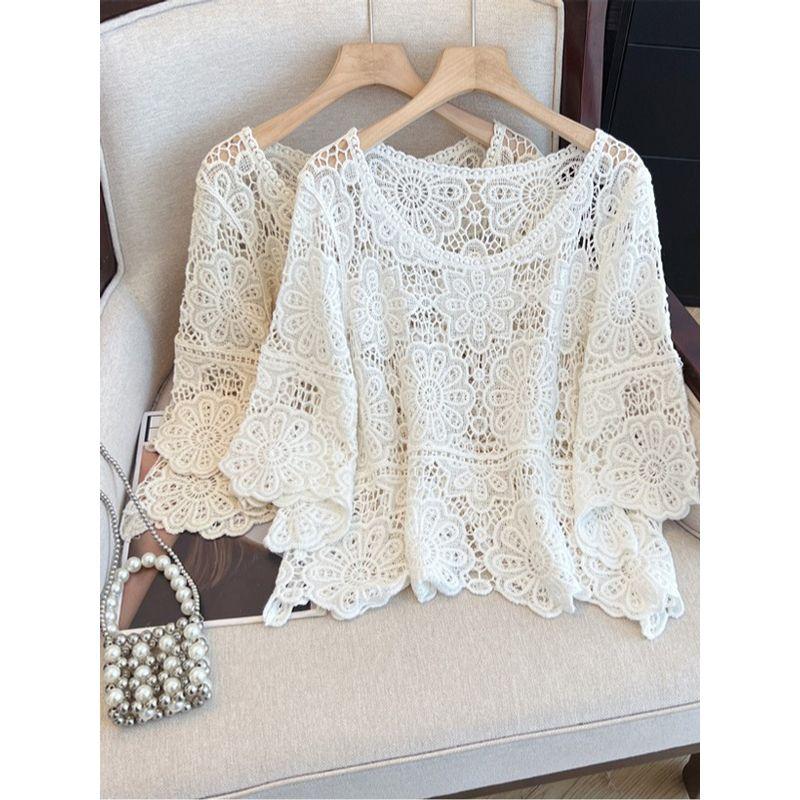 Plus Size Women's Clothing Chubby Girl French Crocheted Cut Out Lace Shirt round Neck Knitwear Casual 3/4 Sleeve Blouse Sun Protection Clothing