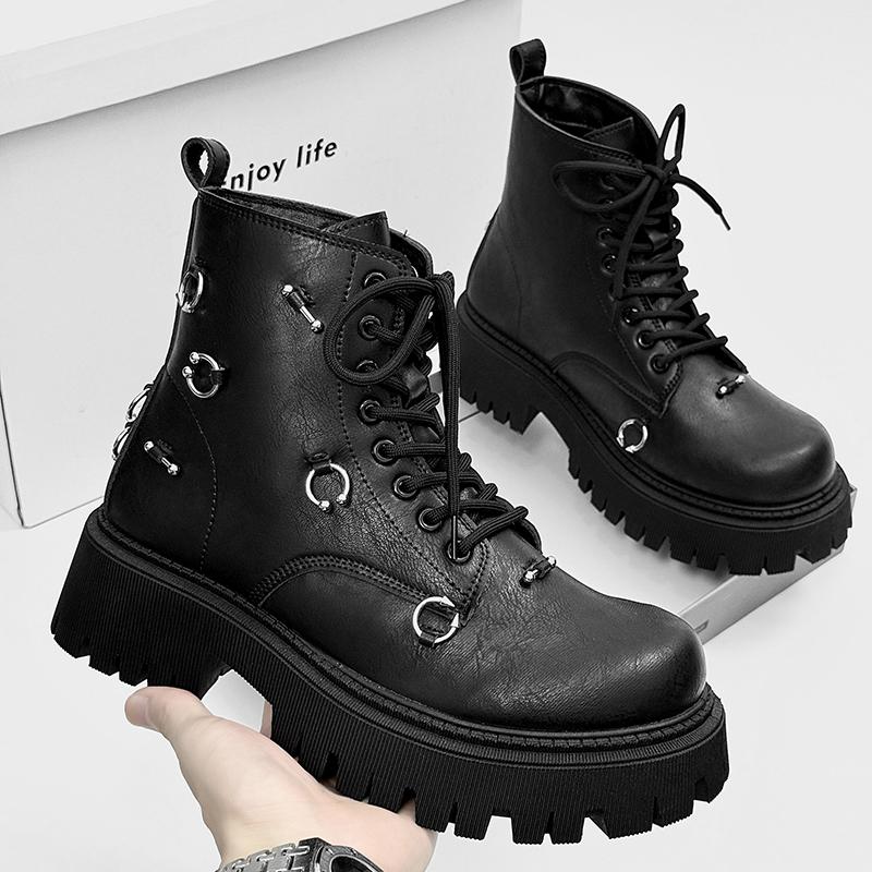 Herren Modestiefel Unifarbener Flacher Absatz Mittelhoch Schnürung Hochwertig Langlebig Bequem Nischen Design Arbeitsstiefel